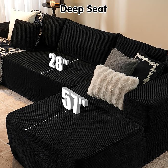 ovios 104" Cloud Sectional Couch with L-Shape Chaise,Modern Modular Sofa with Deep Seat, Upholstered Couches for Living Room Bedroom,No Assembly Required, Black (Corduroy Fabric)-Ruum Studio Home