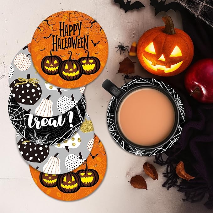 Coaster for Drinks Set of 6, Happy Halloween Trick or Treat Pumpkin Absorbent Round Ceramic Stone Mat, with Cork Base and Metal Holder, Gift for Housewarming Room Bar Decor-Ruum Studio Home