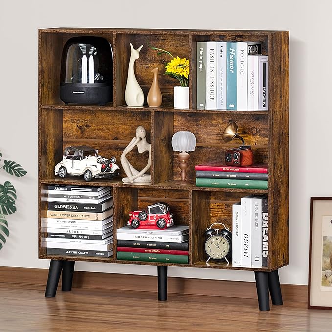 LEYAOYAO 8 Cube Bookshelf,3 Tier Bookcase with Legs,Rustic Brown Mid-Century Modern Bookshelves,Large Open Storage Organizer Shelf, Wooden Book Case-Ruum Studio Home
