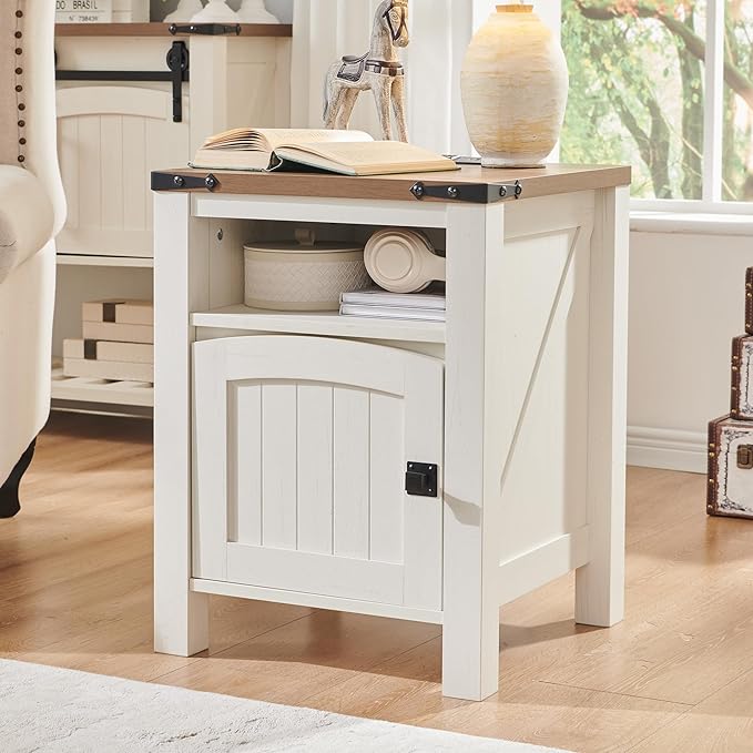 OKD Nightstand with Charging Station Set of 2, 18 Inchs Farmhouse End Table with Adjustable Storage Shelf, Rustic Wood Sofa Side Table for Bedroom-Ruum Studio Home