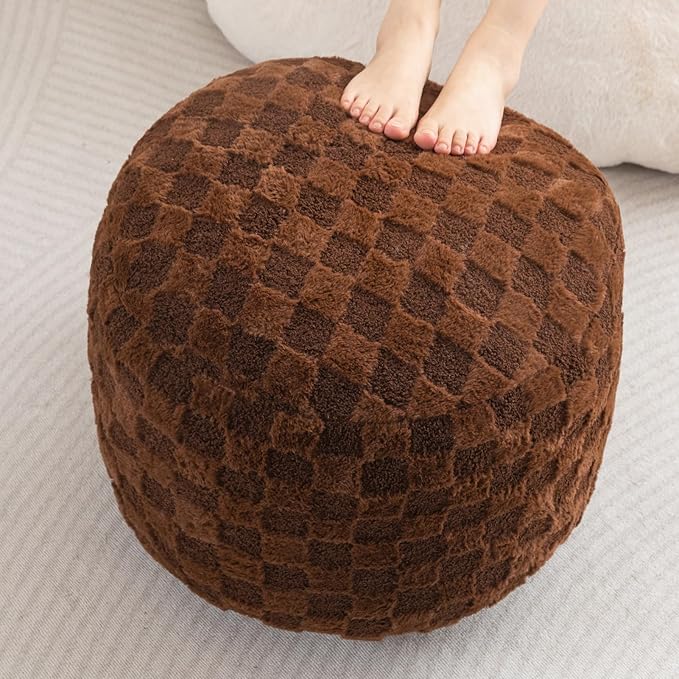 HIGOGOGO Round Stuffed Pouf Ottoman, Plaid Poufs with Foam Chunk Filling, Fluffy and Furry Pouf Foot Stool Storage Ottoman, 20 X 15 Floor Poufs Foot Rest for Living Room, Coffee-Ruum Studio Home