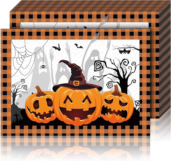 Honoson 100 Pieces Halloween Placemats Happy Halloween Fall Pumpkin Placemats Paper Halloween Place Mats Spooky Ghost Buffalo Plaid Kitchen Mat Double Sided Dinner Table Mats, 14 x 10 Inch-Ruum Studio Home