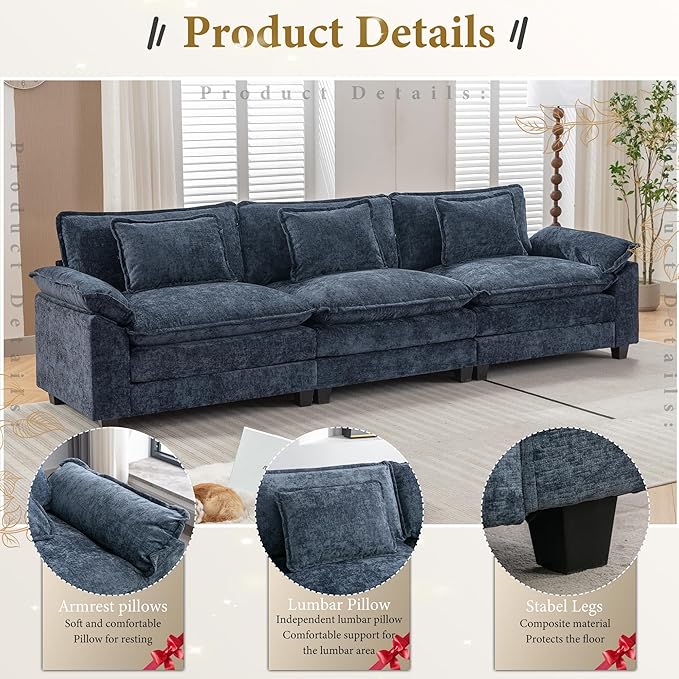 URRED Modular Sectional Sofa Comfy Cloud Couch, Modern Chenille Sofa Sleeper Deep Seat Couches with Ottoman/Pillows for Living Room (Blue, 117'')-Ruum Studio Home