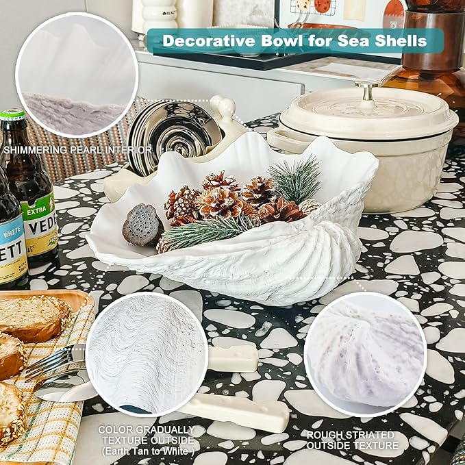 Accessoryway Extra Large Clam Shells Decorative Bowl-White Sea Shells Decorative Storage Bowls for Coastal Beach theme house table centerpiece decorations & Nautical decor for coffee table-12.4"-1PC-Ruum Studio Home
