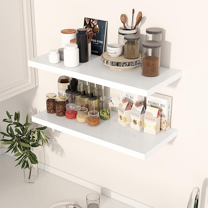30" Floating Shelves for Wall, 12" Deep Slim White Floating Shelves, Wall-Mounted Shelves for Bedroom, Living Room, Kitchen, Bathroom - Set of 2-Ruum Studio Home