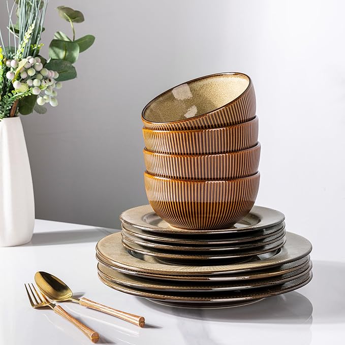 GBHOME Ceramic Dinnerware Sets,12 pcs Embossed Elegant Stoneware Plates and Bowls Sets, Housewarming Wedding Gift | Dishwasher & Microwave Safe | Dishes Set Service for 4-Ruum Studio Home