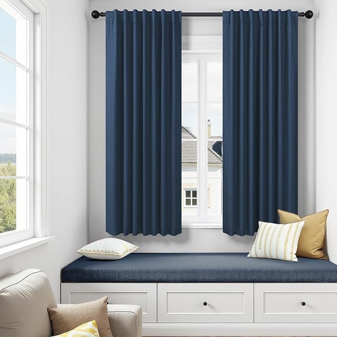 Small Window Curtains for Bathroom Sink Short Length 2 Panel Sets Back Tab Rod Pocket Navy Blue Linen Blackout Heat Reflective RV Curtains for Camper Kitchen Kids Boys Bedroom Patriotic 45 Inches Long-Ruum Studio Home