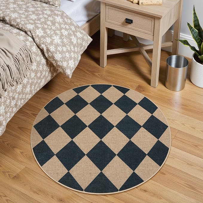 Lahome Checkered Round Rug 3ft, Circle Indoor Outdoor Entryway Patio Rug Washable Easy Jute Rug, Farmhouse Non Slip Small Round Rugs for Bedroom Porch Living Room Decor-Ruum Studio Home