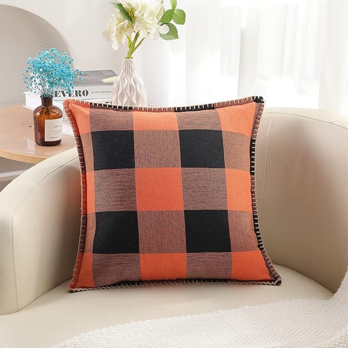 decorUhome Fall Orange and Black Decorative Throw Pillow Covers 16x16 Set of 2, Buffalo Plaid Check Farmhouse Cushion Covers with Stitched Edge for Autumn Harvest Couch Sofa Bed Home Decor-Ruum Studio Home
