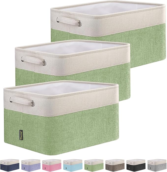 BALEINE 3 Pack Fabric Storage Bins for Shelves, Linen Storage Baskets for Organizing, Decorative Closet Bins for Clothes, Home (Green, 12"x8"x8")-Ruum Studio Home