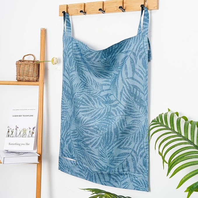Linen Hanging Laundry Bag, 100% Linen Leaf Print Over The Door Laundry Hamper with Buttons and Zipper, Space Saving Door Hampers for Laundry Dirty Clothes Home Travel, Blue, 19.7x27.5inches-Ruum Studio Home