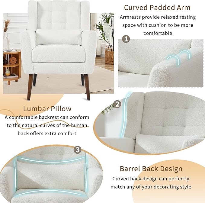 Accent Chair Set of 2, Upholstered Armchair with Pillow, Teddy Single Sofa with Lounge Seat and Wood Legs for Living Room Small Spaces-Ruum Studio Home