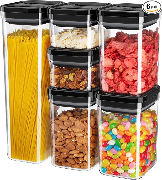 MR.SIGA 6 Piece Airtight Food Storage Container Set, BPA Free Kitchen Pantry Organization Canisters, One-handed Kitchen Storage Containers for Cereal, Spaghetti, Pasta, Black-Ruum Studio Home