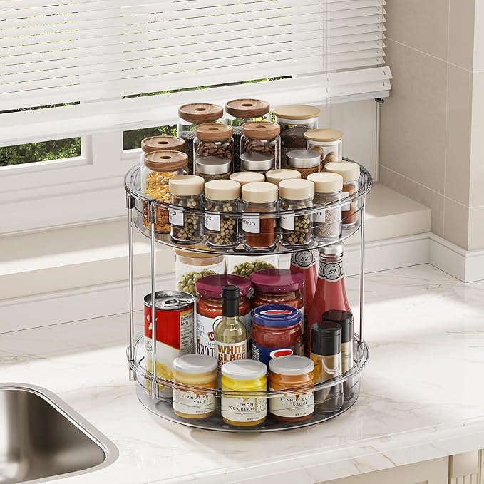 LAMU 12 inch 2 Tier Lazy Susan Turntable Organizer Rotating Spice Rack Organization for Cabinet, Kitchen, Pantry, Countertop, Bathroom, Vanity, Medicine Cabinet Organizer, Grey-Ruum Studio Home