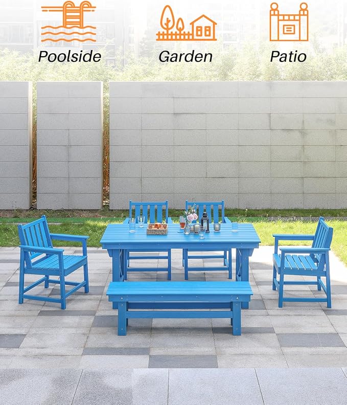 HDPE Outdoor Bench, 55" Patio Bench Outdoor Furniture, Poly Lumber Adirondack Benches, All Weather HDPE Patio Garden Backless Benches for Park, Poolside, Deck, Porch, Sky Blue-Ruum Studio Home