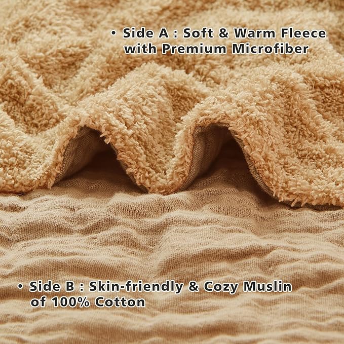 EMME Muslin and Fleece Throw Blanket Reversible - 50"*60" Beige Soft Warm Throw Blankets for Couch Bed Picnic Travel Bed-Ruum Studio Home