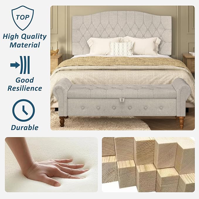Storage Ottoman Bench for Bedroom, Linen 52" End of Bed Bench with Rolled Arms Upholstered Ottoman Bench Fit for Bedroom, Living Room, Entryway, Linen Gray-Ruum Studio Home
