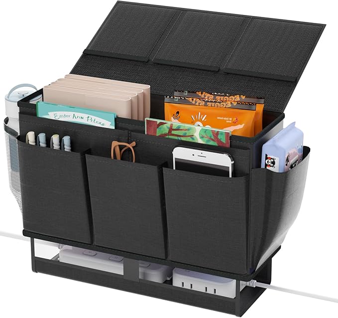 Bedside Caddy, Bed Organizer with 11 Pockets and Power Strip Holder,Versatile Bedside Storage Caddy for Home,Dorm,Bunk,Hospital,Crib Bed (Black)-Ruum Studio Home
