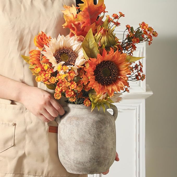 Ceramic Flower Vase Home Decor - 7.6 Inch Farmhouse Rustic Table Vases with Handle Living Room Decoration Decorative Vintage Pottery for Kitchen Shelf Coffee Dining Bookshelf Fireplace Centerpiece-Ruum Studio Home