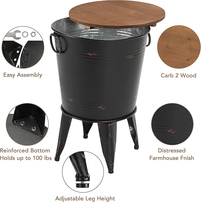 Rustic Storage Farmhouse Accent Side Table, Antique Galvanized Metal End Coffee Cocktail Table Box Bin with Round Wooden Lid Set of 2 (Black)-Ruum Studio Home