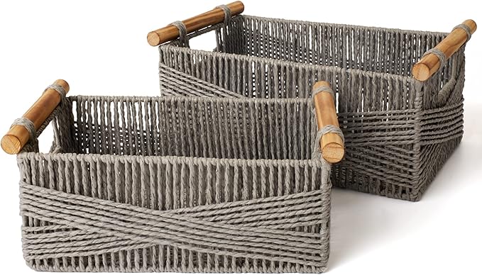 LA JOLIE MUSE Wicker Storage Baskets for Organizing, Recyclable Paper Rope Basket with Wood Handles, Decorative Hand Woven Basket Organizers for Makeup Books Shelves Living Room, Grey, Set of 2-Ruum Studio Home