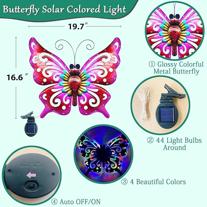 Solar Garden Light, Metal Butterfly Wall Art, 19" Large Hanging Decor for Garden Patio Fences Porch Yard Art Outdoor Wall Decor, Weatherproof Decorative Lighting, Housewarming Wedding Birthday Gift-Ruum Studio Home