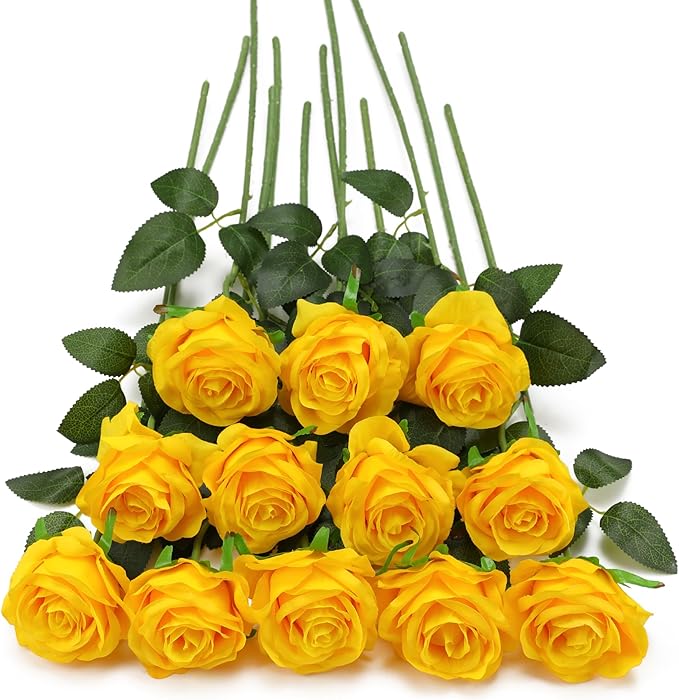 Yellow Fake Roses Artificial Flowers - 16 Pcs Fake Artificial Roses Silk Flowers with Stems for Home Wedding Hotel Office Centerpiece Decor-Ruum Studio Home