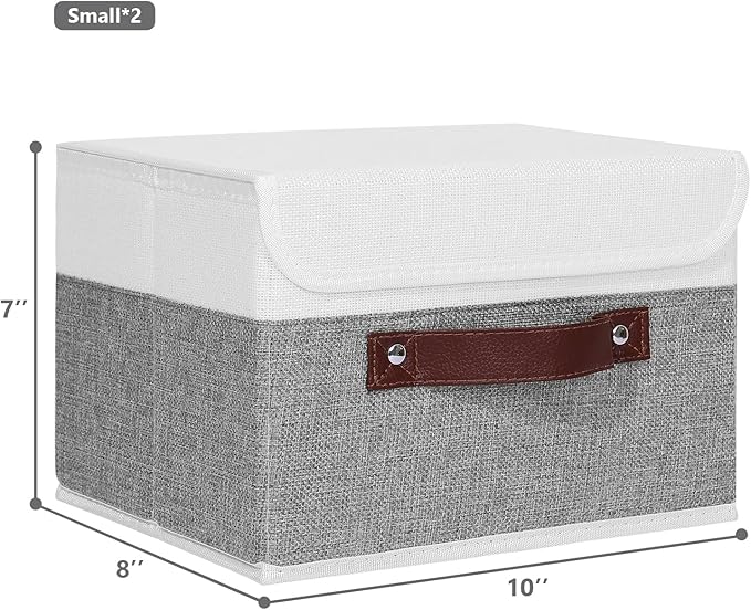 ANMINY 2PCS Storage Boxes with Lid Washable Decorative Storage Bins Basket with PU Leather Handle Foldable Linen Fabric Storage Cubes Containers for Home Closet Organizer - Gray White, Small Size-Ruum Studio Home