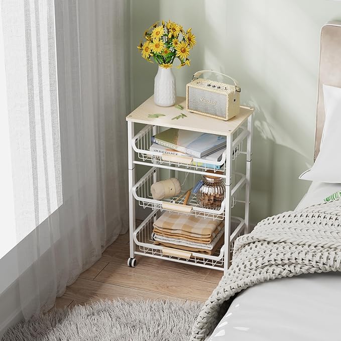 4-Layer Fruit Basket Kitchen Food Storage Organizer and Storage Rack, Stackable Storage cart with Desktop, Pull-Out Hollow Metal Storage Basket, liding Out Storage,White-Ruum Studio Home