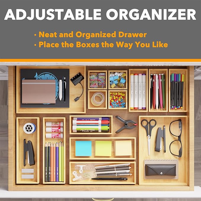 SpaceAid 14-Piece Bamboo Drawer Organizer Storage Boxes Set, Wood Tray Junk Drawer Organizers Multi-Use Divider Bins for Kitchen, Bathroom, Office Desk and Makeup Organization (14 Pack, Natural)-Ruum Studio Home