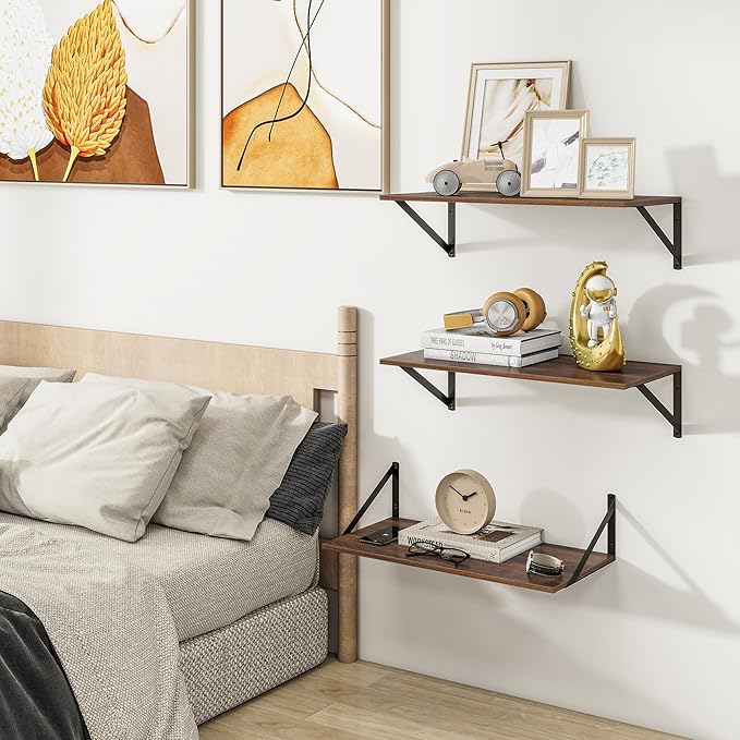 Heimlove 24" W x 12" D Wall Shelves for Books, 12 Inch Deep Floating Shelves Set of 3, Wide Floating Bookshelf with Metal Bracket for Living Room, Kitchen, Office, Bedroom and Decor Storage - Walnut-Ruum Studio Home