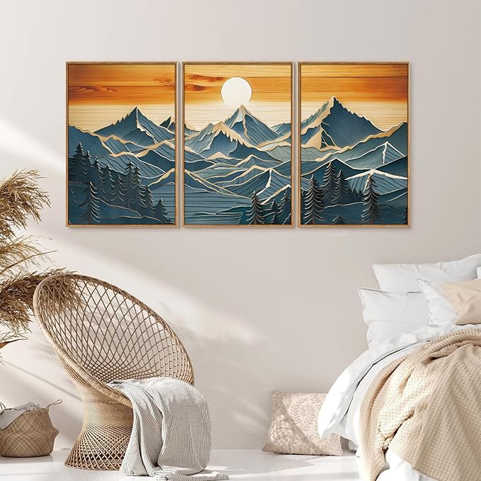 Tinonedraw Vintage Mountain Framed Canvas Wall Art Set of 3, Boho Nature Wilderness Art Prints, Mid Century Modern Ridge Scenery Wall Decor, Sunrise Forest Woodcut Style Art Paintings for Living Room Bedroom, Office 16"x24"-Ruum Studio Home