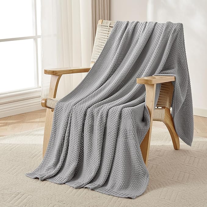 Joydeco Chunky Cable Knit Throw Blanket, Lightweight 100% Cotton Soft Cozy Throw Twin Blanket for Couch Bed and Sofa, Rustic Breathable Farmhouse Blanket Gift for Women Men(Grey, 60"x80")-Ruum Studio Home