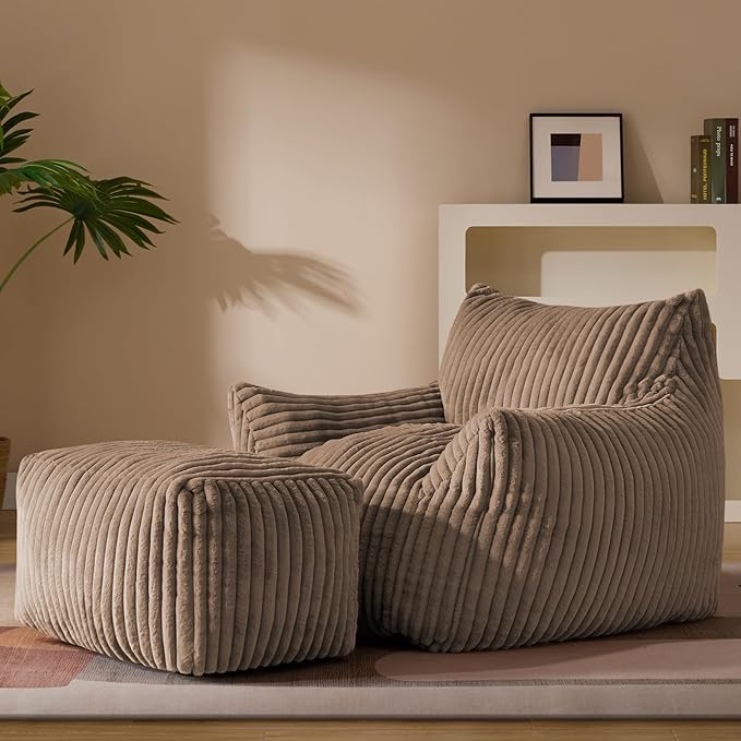 Oversized Bean Bag Chaise Lounge Chair Indoor for Adults with Armrests & Ottoman - Giant Comfy Khaki Beanbag Floor Sofa Cloud Accent Chair for Reading, Gaming, Cozy Plush Cloud Mini Couch-Ruum Studio Home