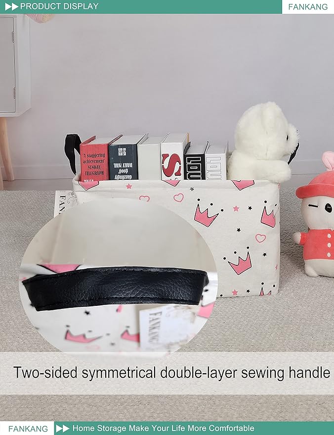 FANKANG Storage Bins, Nursery Hamper Canvas Laundry Basket Foldable with Waterproof PE Coating Large Storage Baskets for Kids Boys and Girls, Office, Bedroom, Clothes,Toys(Rec-pink crowns)-Ruum Studio Home