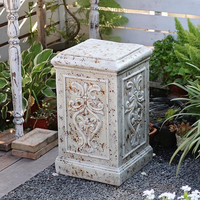 Vintage Garden Urn Planter with Pedestal, Cement and Fiber, Maked Antique, Decorative Leaf Pattern, 14.2x11.8 Inch Pot with 19.3 Inch Stand, Wrap Foam Safely Delivered from Local Warehouse (Antique)-Ruum Studio Home