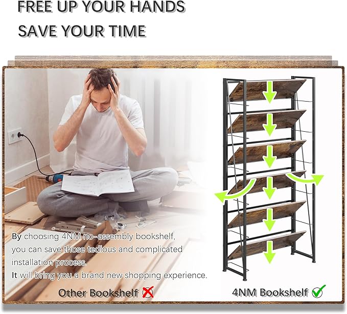4NM No Assembly Foldable Bookshelf, 6-Shelf Collapsible Bookcase Storage for Small Spaces, 74" H, Rustic Brown and Black-Ruum Studio Home