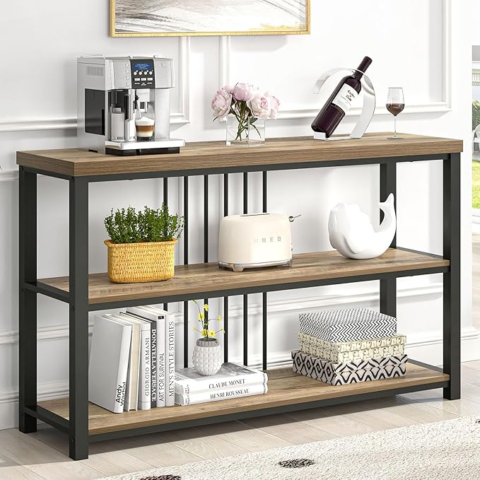 FOLUBAN Modern Sofa Table for Entryway, 3 Tier Narrow Console Table for Living Room Hallway Behind Couch, Rustic Oak-Ruum Studio Home