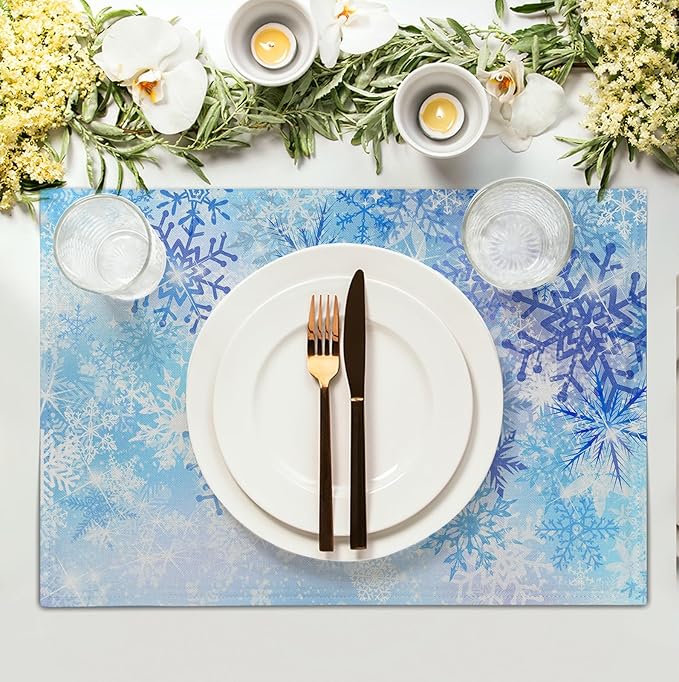 Blue Snowflake Winter Placemats Set of 4 Xmas Snow Place Mat Merry Christmas Linen Fabric Table Mats Washable Heat Resistant Placemat for Farmhouse Kitchen Dining Party Decoration-Ruum Studio Home