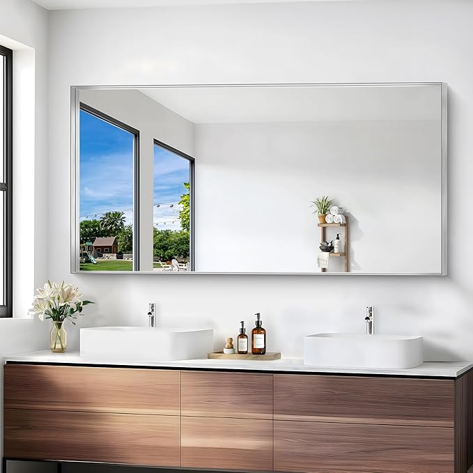 Silver Bathroom Mirror, 30x60 Inch Rectangular Deep Frame Mirror, Large Wall Mounted Bathroom Vanity Mirror Over Sink for Bedroom,Restroom, Living Room, Hangs Vertically or Horizontally-Ruum Studio Home