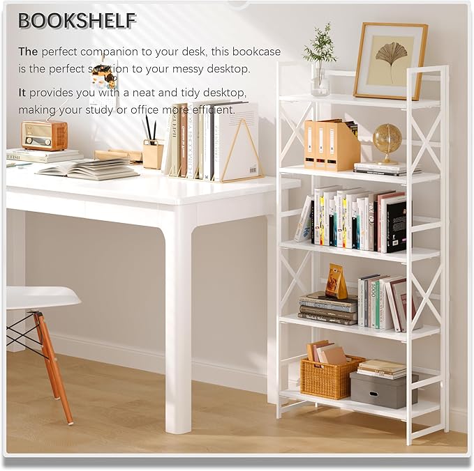 4NM 5 Tiers No Assembly Book Shelves, 51.2" H Folding Bookshelf Bookcase Open Industrial Foldable Shelves for Bedroom, Living Room, Home Office - All White-Ruum Studio Home