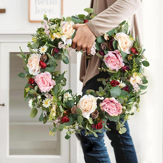 WANNA-CUL 24 Inch Large Spring Rose Wreaths for Front Door,Spring Front Door Wreath with Pink and Wine Red Floral Door Wreath with Eucalyptus Leaves for Wedding or Indoor&Outdoor Decorations-Ruum Studio Home