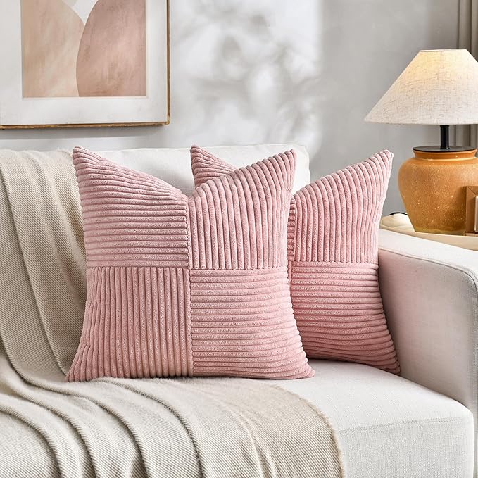 Fancy Homi 2 Packs Blush Pink Samll Decorative Throw Pillow Covers 14x14 Inch with for Couch Bed Sofa, Rustic Farmhouse Boho Home Decor, Soft Corss Patchwork Corduroy Square Cushion Case 35x35 cm-Ruum Studio Home