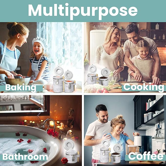 Home Intuition 4-Piece Ceramic Kitchen Canisters Set, Airtight Containers with Wooden Spoons Reusable Chalk Labels and Marker for Sugar, Coffee, Flour, Tea (White Marble)-Ruum Studio Home