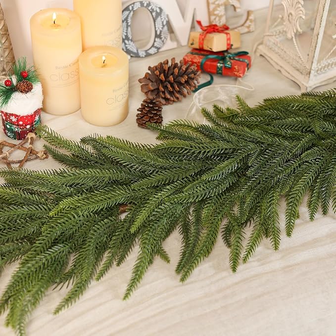 9FT Christmas Norfolk Pine Garland -1PCS, Artificial Pine Needles Garlands Faux Greenery Fake Garland for Holiday Fireplace,Table,Window,Stairs,Mante,Indoor Outdoor Decor-Ruum Studio Home