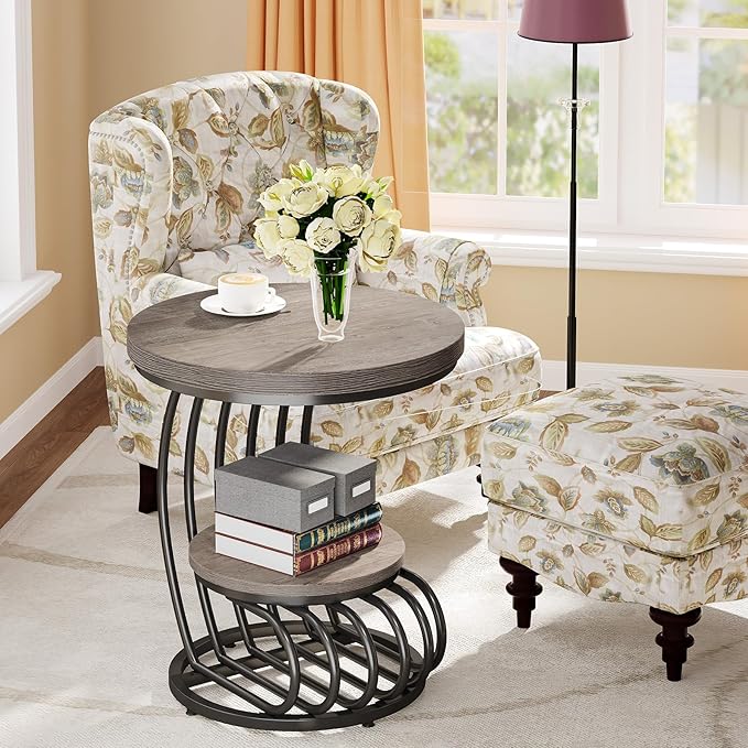 Tribesigns Round End Table: 2 Tiers Wood Side Table Set of 2 with Storage Shelf, Rustic Gray Bedside Nightstand, Accent Table for Living Room, Bedroom-Ruum Studio Home