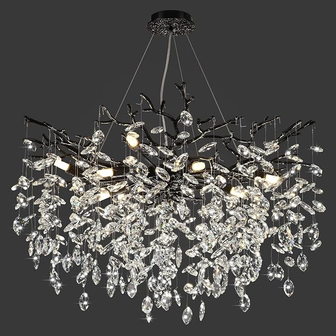Modern Black Crystal Tree Branch Chandelier, 10-Light 30" Black K9 Crystal Chandeliers for Dining Room, Round Chandelier for Living Room,High Ceiling,Kitchen Island,Foyer,Staircase-Ruum Studio Home