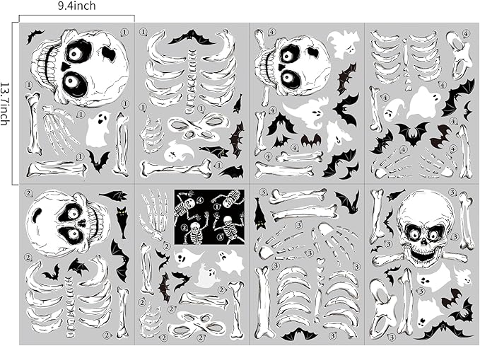 Halloween Window Skeleton Clings – 8 Sheets of Extra Large Cute and Scary Skeletons, Ghosts, and Bats for Home, School, Car Windows, Office, and Party Decor-Ruum Studio Home
