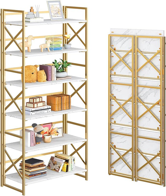4NM 6 Tiers No Assembly Book Shelves, 61.8" H Folding Bookshelf Bookcase Open Industrial Foldable Shelves for Bedroom, Living Room, Home Office - White Gold-Ruum Studio Home