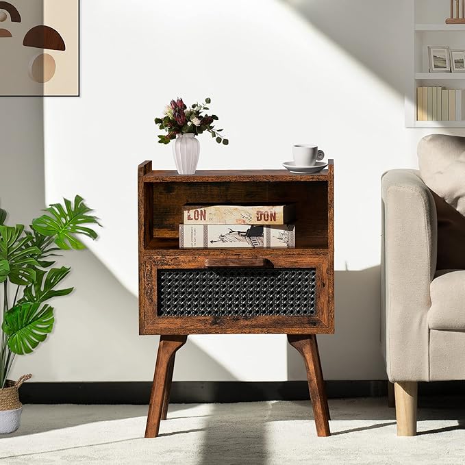 Lerliuo Rattan Nightstand, Boho Side Table with Drawer Open Shelf, Cane Accent Bedside End Table with Solid Wood Legs for Bedroom, Dorm and Small Spaces (Brown)-Ruum Studio Home